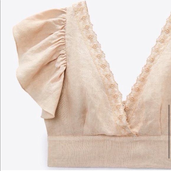 ZARA Boho Linen Ruffle Sleeve Crop Top S - Picture 2 of 15